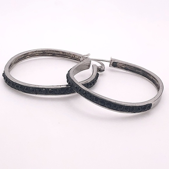 𝅺vtg Sterling Silver & Black Cz Stone Wavy Shape Hoop Earrings - 1.5” - Picture 1 of 7